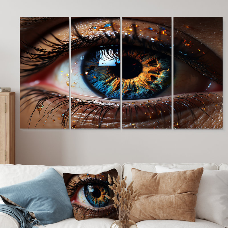 «Yellow and Blue Eye Galaxy - Eye», art mural sur toile 4 pièces, H 28 po x l 48 po