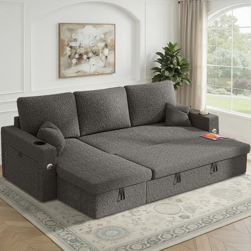 Sleeper Sofa, 82 Inch Pull Out Sofa Bed With Reversible Storage Chaise, USB & Type-C Charging, Hidden Cup Holders, L Shaped Sectional Couch for Living Room, Apartment, Small Space