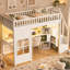 Lit mezzanine avec escalier de rangement, bureau intégré, étagères ouvertes, panneau de fenêtre décoratif, bande lumineuse DEL et port de chargement USB-662385431-662385433