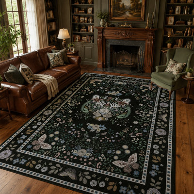 Tapis tigré et imprimé floral en faux velours lavable à la machine