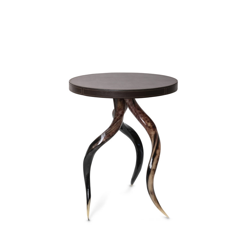 Polished Horn End Table with Embossed Brown Leather Top
