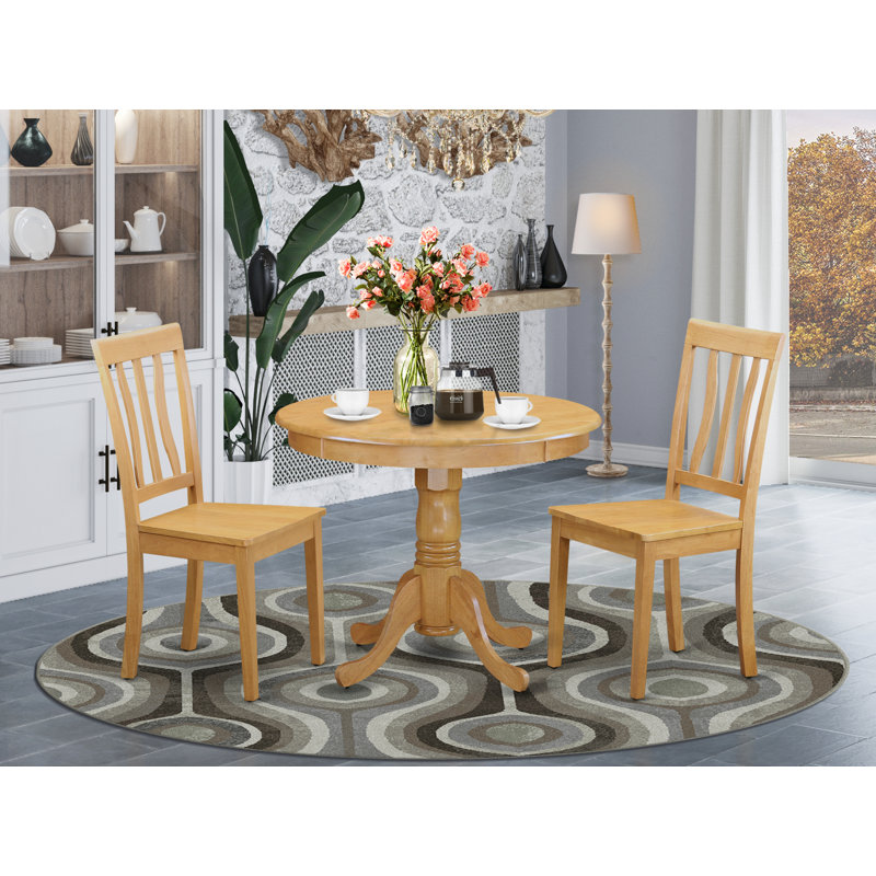 3 Piece Dining Set Contains a Round Kitchen Table with Pedestal and 2 Dining Room Chairs, Oak, Oak, Oak, Oak