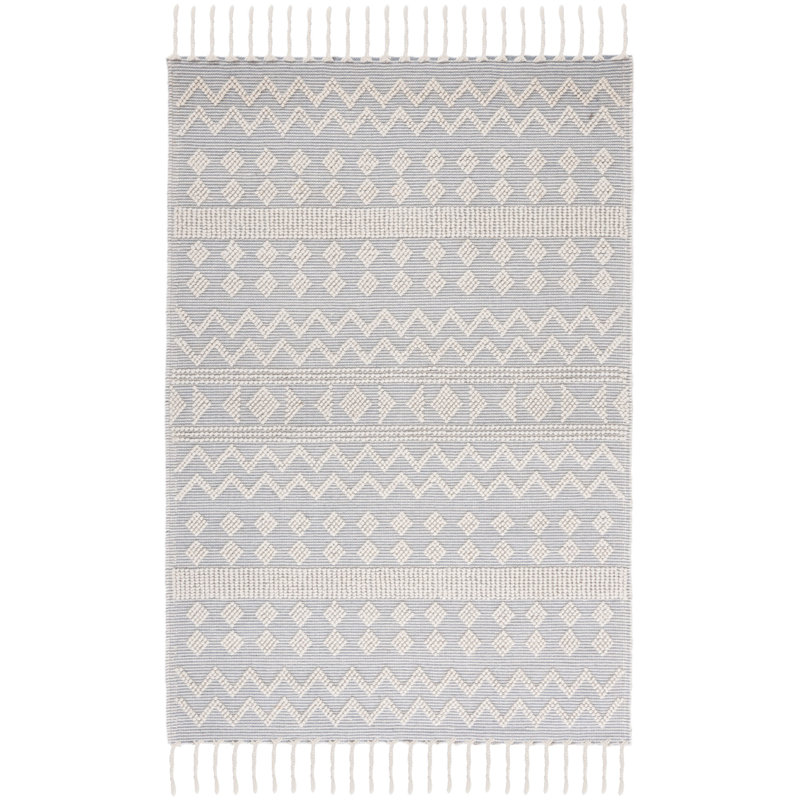 Sucher Hand Woven Wool/Cotton Geometric Rug in Ivory/Light Blue, Rectangle 8' x 10'