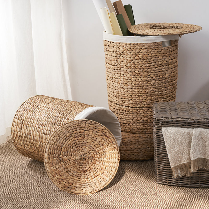 Panier à linge couvert, panier à linge respirant en tissu tissé ; panier à linge robuste avec poignée et poche intérieure lavable ; panier à linge