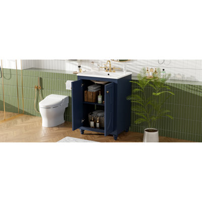 Meuble-lavabo moderne de 24 po avec motif elliptique orné et charnières à fermeture en douceur, armoire de salle de bain avec structure ouverte au dos, pieds tournés en boule avec élégance française