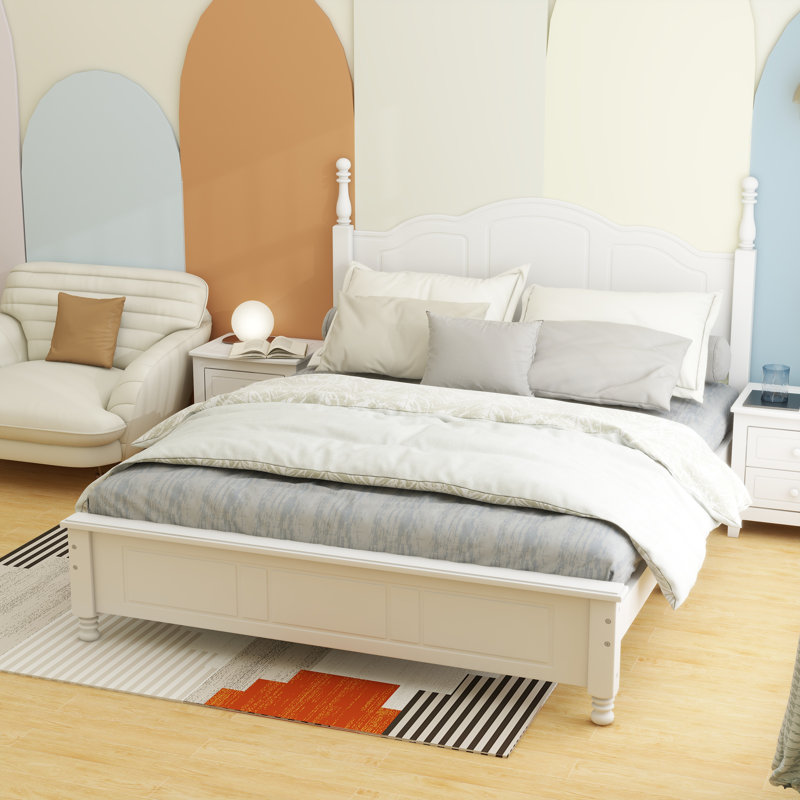 Wood Platform Bed Frame,Retro Style Platform Bed with Wooden Slat Support,, White, Queen