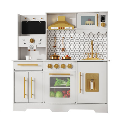 5-in-1 Large Wooden Pretend Play Kitchen Set with Sink, Working Tap, Coffee Maker, Cookware & Storage, Play Food for Kids 3+, Indoor/Outdoor Kitchenette, 30.5x89x94cm