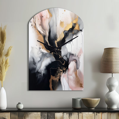 Pink Black Textured Splash Marble II - Arch Shape Unique Abstract Marble Wall Clock