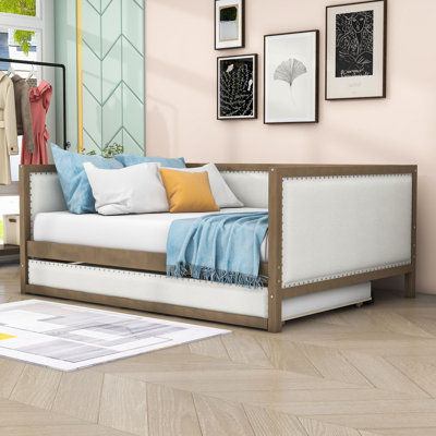 Full Size Linen Upholstered Daybed with Twin Trundle and Nailhead Decoration