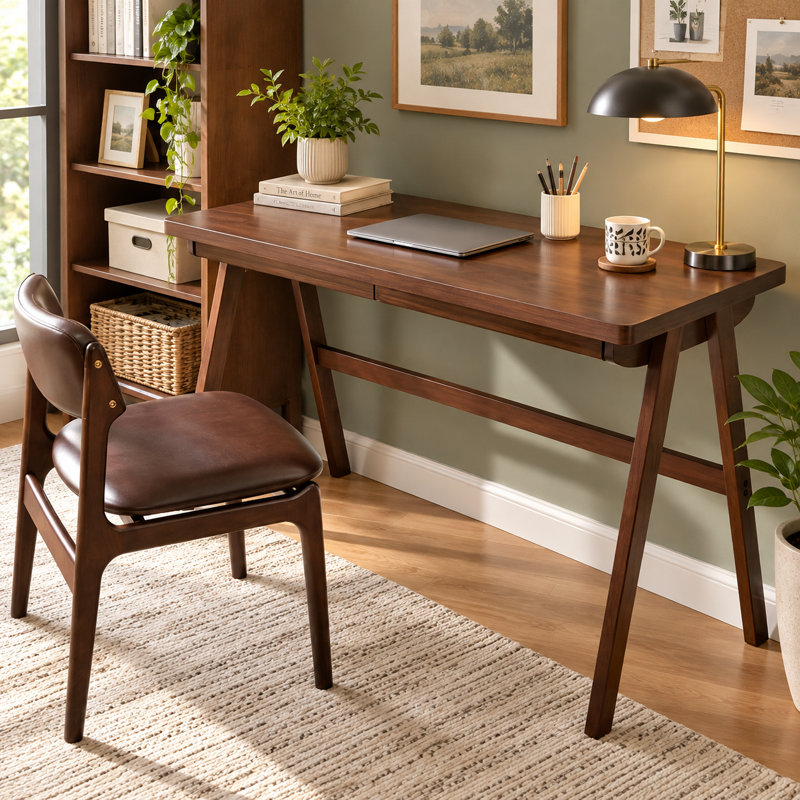Ensemble de bureau en bois massif et chaise rembourrée en similicuir, bureau en noyer de 120 cm avec tiroir et chaise de salle à manger ergonomique sans accoudoirs, ensemble table et siège pour bureau à domicile