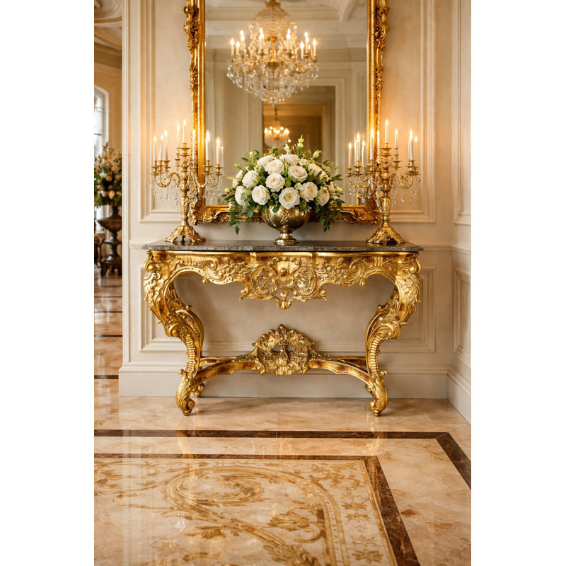 Daylan 62.6'' Marble Top Console Table, Brown Top/Antique Gold Base