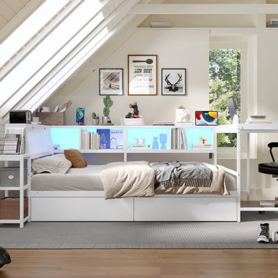 Queen Corner Bed Frame Featuring Bookcase, 2 Under - Bed Drawers, Multi Color Led Lights, And Charging Ports, Ideal For Limited Space Bedrooms Storage Lighting, Station, American Style Design In