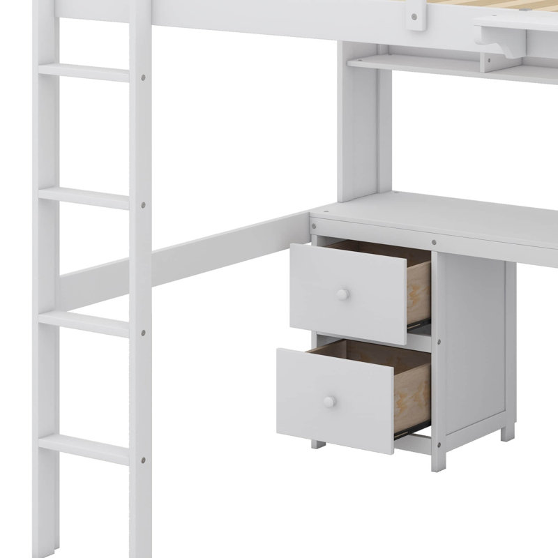 Full-Size Loft Bed Set, Comprising Desk, Cabinets, Drawers, Bedside Tray, And Power Charging Port