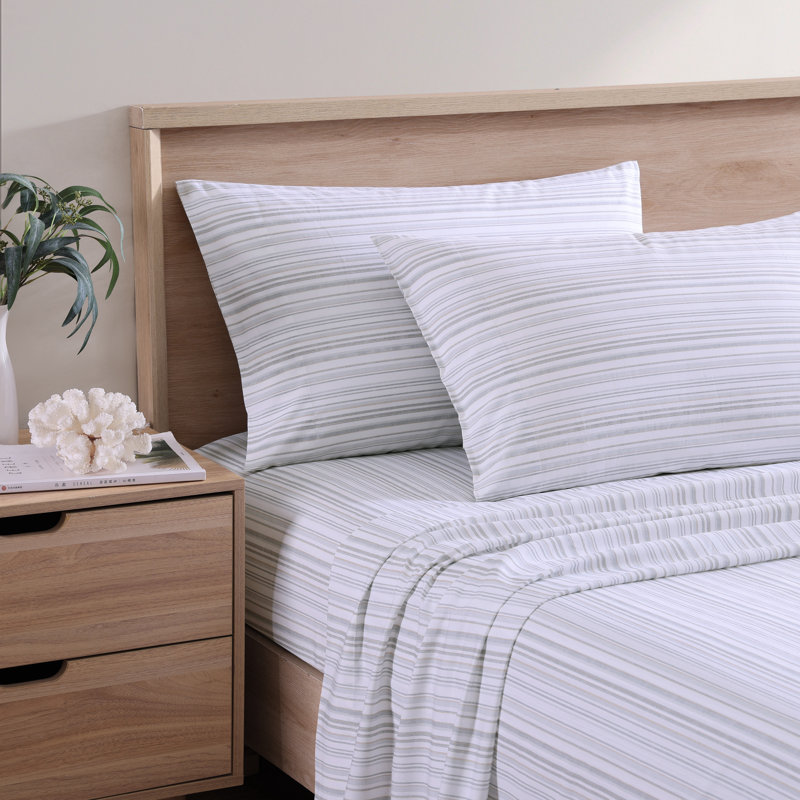 Tommy Bahama Printed Percale Cotton Sheet Set, King Sheet Set with 2 Pillowcases, White Kahanu Stripe