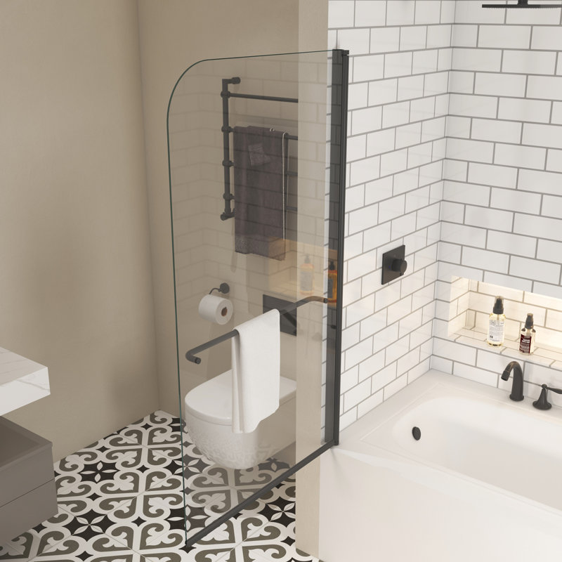 Bath Tub Shower Screen 3458 With Tempered Glass And Towel Bar - Matte Black For Bathroom 180 Degrees Pivot Door Seal Strip To Leaks Product 1/4" Enclosure Socket Holder Bracket