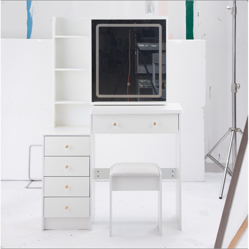 Meuble-lavabo de 37 po avec tabouret de taille moyenne 37 po + tabouret rembourré, grande commande tactile, interrupteur tricolore, miroir à luminosité réglable, rangement grande capacité, convient aux espaces moyens