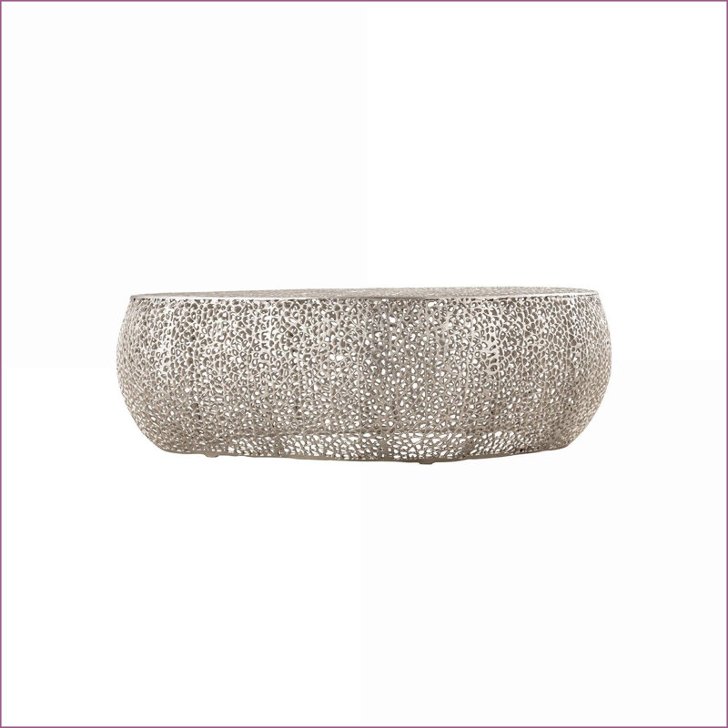 Table basse moderne ovale argentée avec cadre en aluminium coulé - Centre de table de salon contemporain, Argent argent