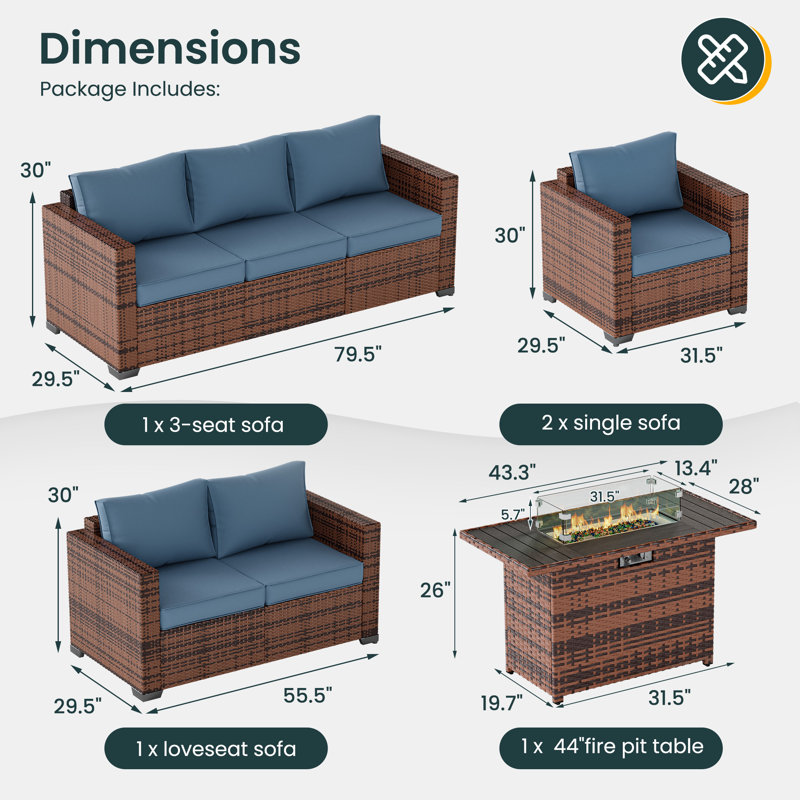 Ensemble de conversation d'extérieur en osier pour 7 personnes avec table de foyer Azoriah, Bleu marine