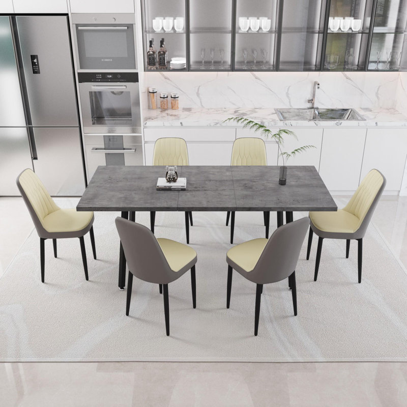 Ensemble de table de salle à manger moderne avec table extensible et chaises en polyuréthane, Beige/gris, 7