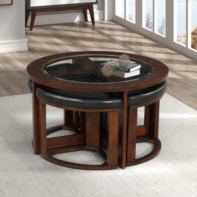 Finished Solid Wood Glass Top Coffee Table With 4 Stools, Office Living Area Colour, Contemporary Style For Primary Space