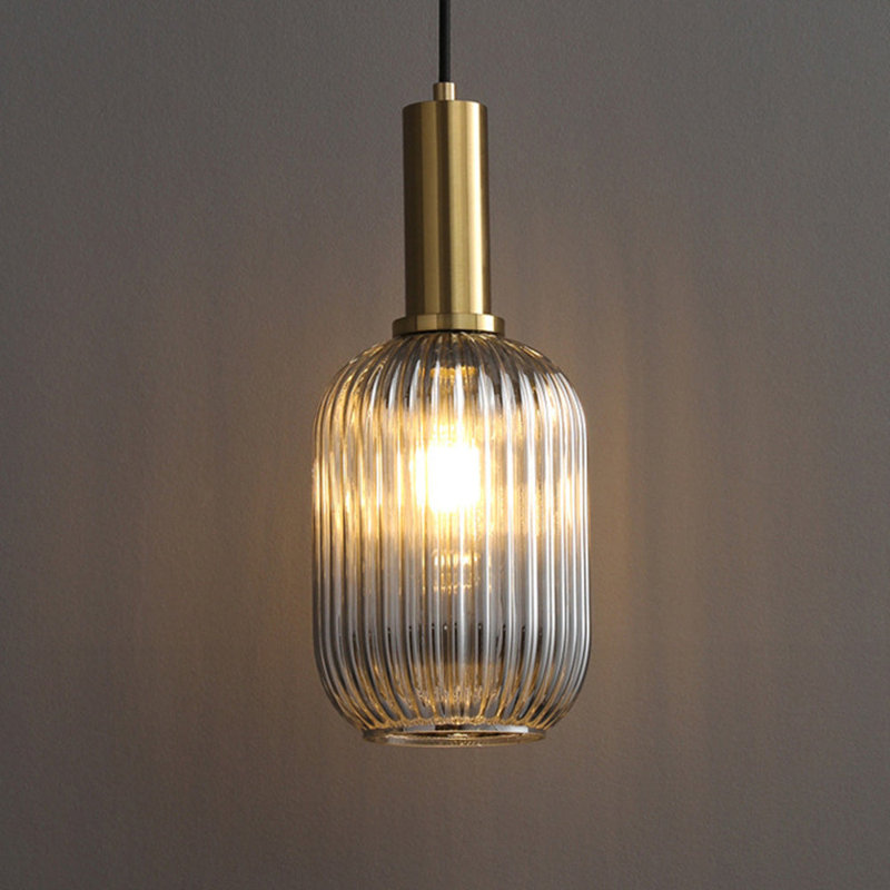 Ribbed Glass Pendant Light – Brass Lantern Shade E27 Bulb Ceiling Fixture, Clear