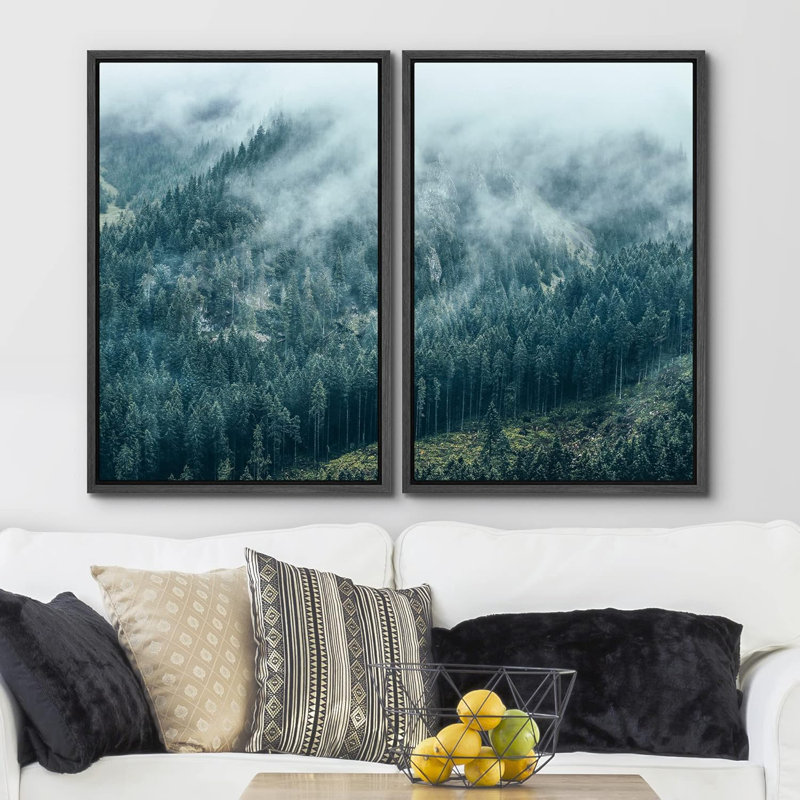 Vue aérienne du matin, brouillard d'hiver, paysage de montagne, impression de paysage, Cadre flottant noir