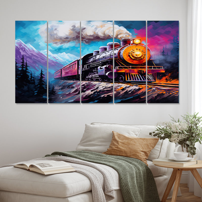 «Steamtrain Travelling In Winter Snow», reproduction d'art sur toile - 5 panneaux égaux