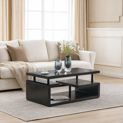 Table basse à trois niveaux en panneau de fibres à densité moyenne avec finition grain de bois noir, table basse de rangement multicouche, cadre robuste pour le bureau du salon
