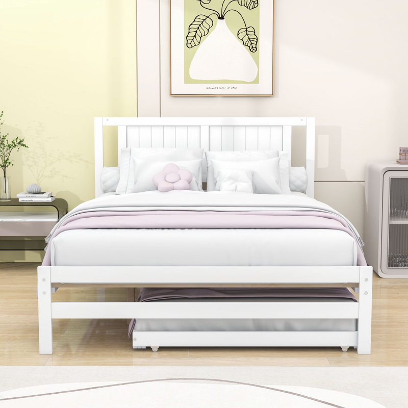 Lit plateforme double en bois avec lit gigogne simple, Blanc