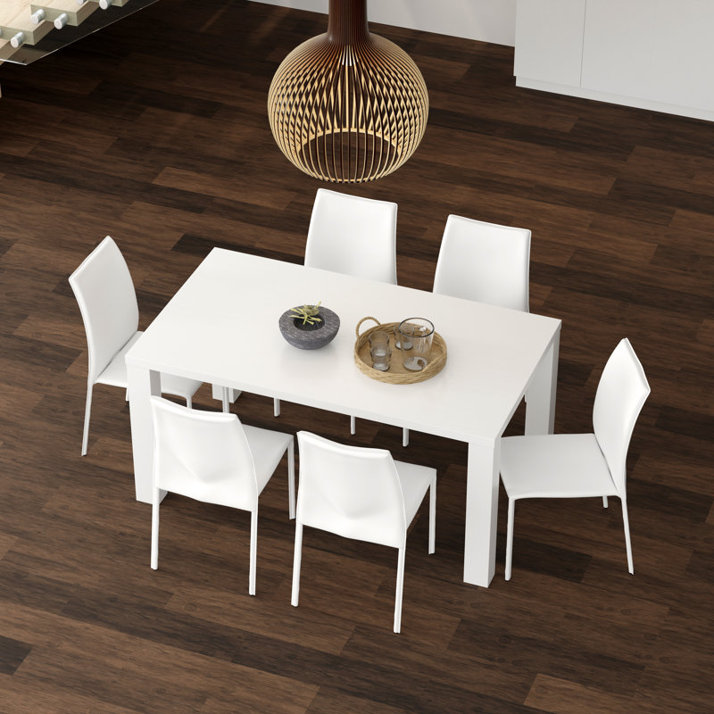Carson 63" Dining Table In High Gloss White And 6 Sokol Stacking Chairs, White