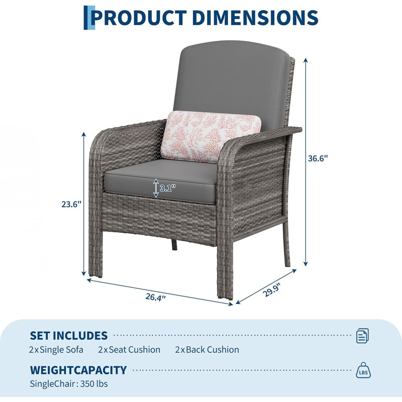 2-Piece Patio Lounge Chairs, Wicker Outdoor Chairs with Cushions for Garden Deck, Gray, Gray