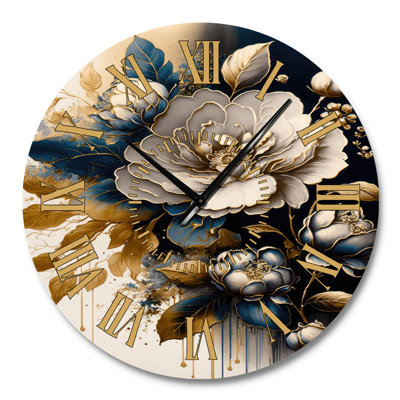 Black And Gold Camellia Bouquet I - Floral & Botanical Golden Face Wall Clock