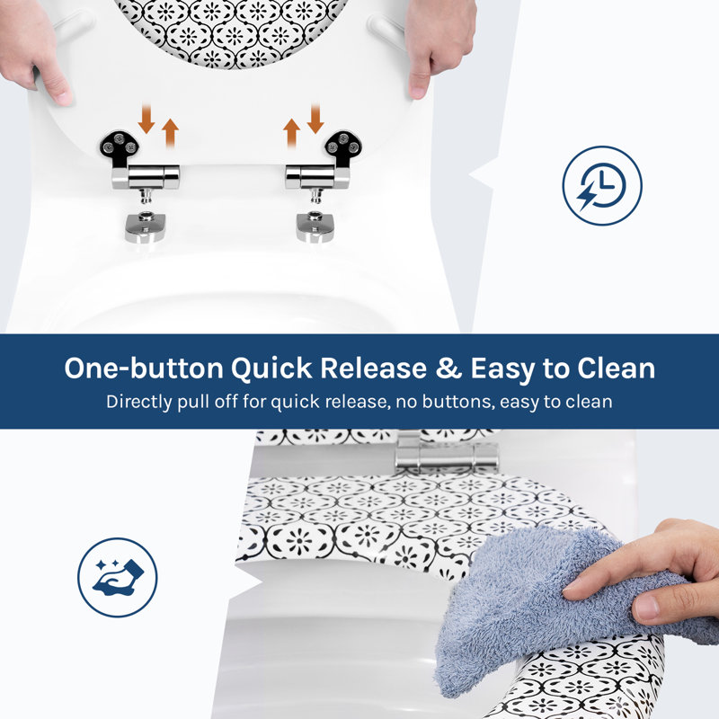 Toilet Seat With Soft-Close Mechanism, Wood, Toilet Seat, O-Shape With Hinges, Quick Release Function For Easy Cleaning, Tile Pattern Motif