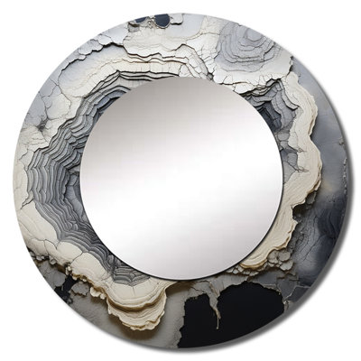Robia Grey Stone Geode Minimalism II - Spiritual Stone Wall Mirror, Black Round Decorative Mirror, Printed Metal Art