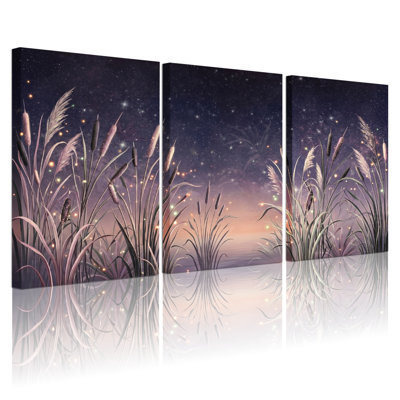 Ensemble de 3 toiles décoratives « Roseaux étoilés » pour salon, chambre et décoration intérieure