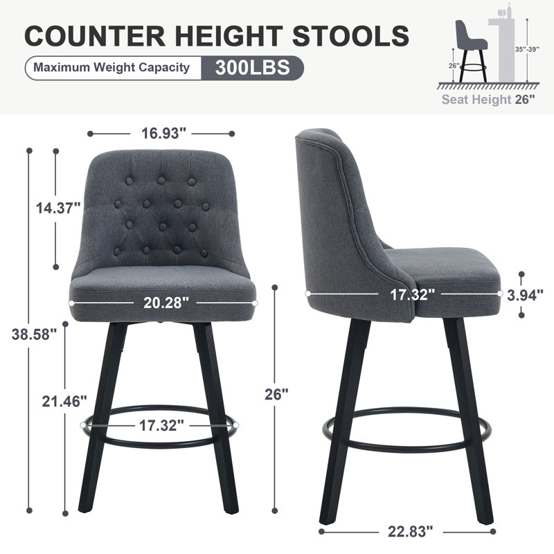 Swivel Bar Stools, Upholstered Counter Stool with Solid Wood Frame, Gray