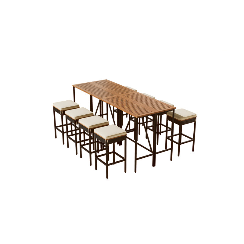 Wood Outdoor Table And Eight Stools With Easy Cushions All-Weather Bistro