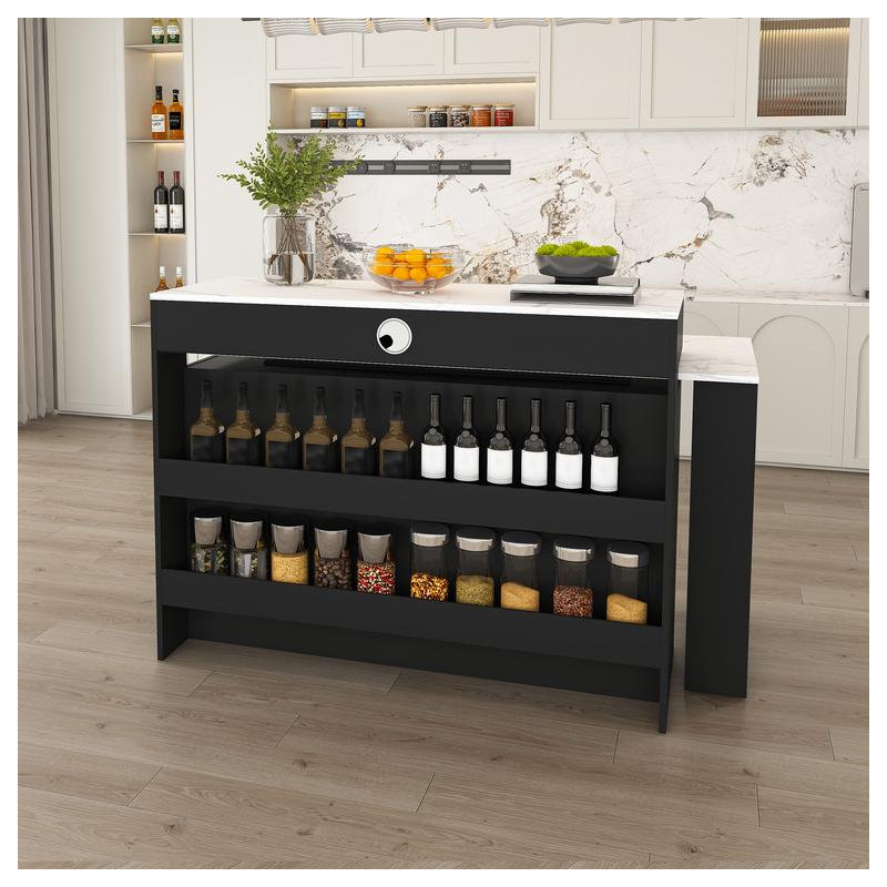 Kitchen Island with Extendable & Rotating Table, MDF with Marble Veneer Retro Design, 4 Drawers & Glass Door Cabinets with Built-in Socket, Expandable Dining Station for 2-4 Person