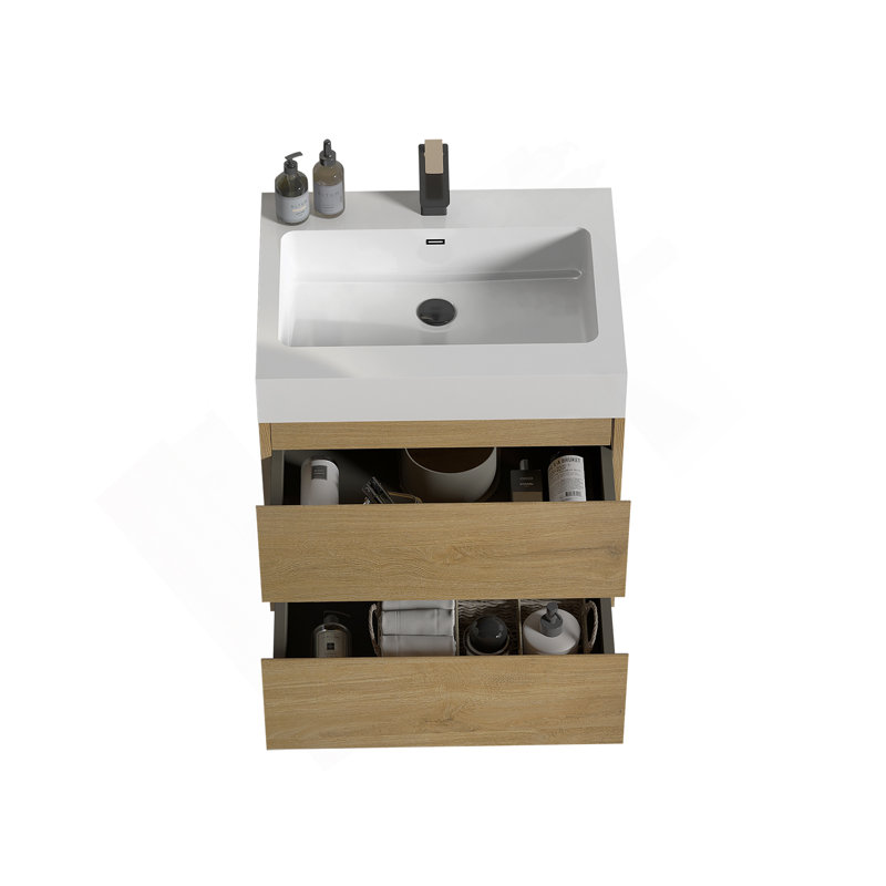 Meuble-lavabo mural 24 po en chêne naturel avec lavabo, grand meuble-lavabo mural flottant pour salle de bain moderne, lavabo une pièce blanc brillant sans bonde ni fauve
