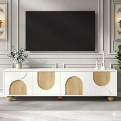 Farmhouse-Design Television Stand With Integrated Cable Management Holes For Tvs Up To 75 Inches, A Cream-Colored Media Console Featuring A Stability Rebound Mechanism, An Elegant Entertainment Center Supported By Five Solid Wood Legs For The Living Room