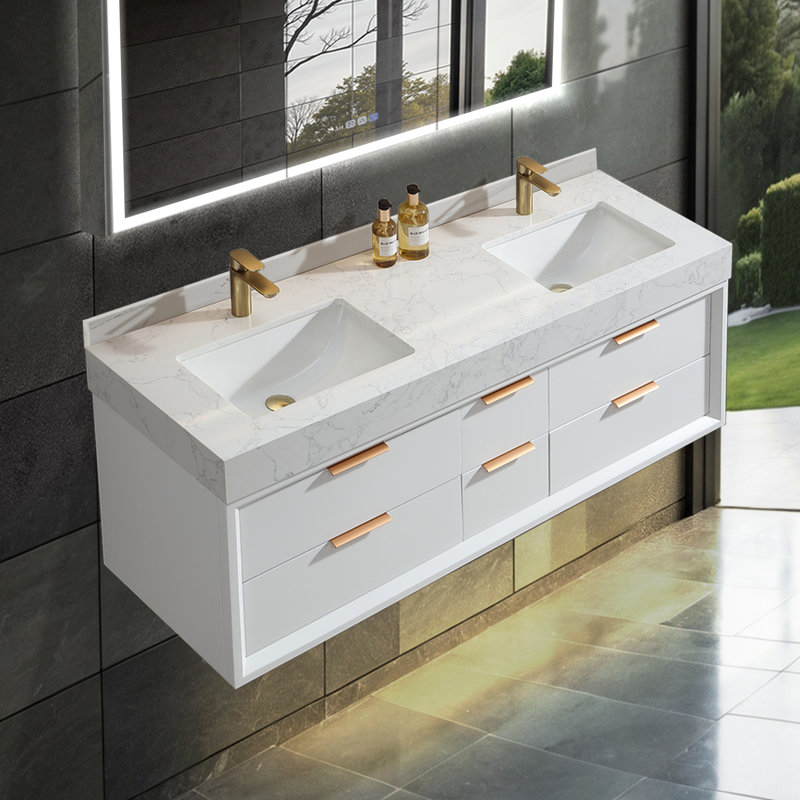 Ensemble de meuble-lavabo mural moderne en bois massif 60 po avec comptoir en pierre et lumière, Blanc