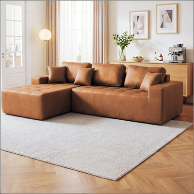 Faux Leather Corner Chaise Compression Sofa Bed, L-Shaped Sectional Couch with High-Density Sponge, No-Assembly Required Convertible Sofa for Living Room, Apartment, Guest Room
