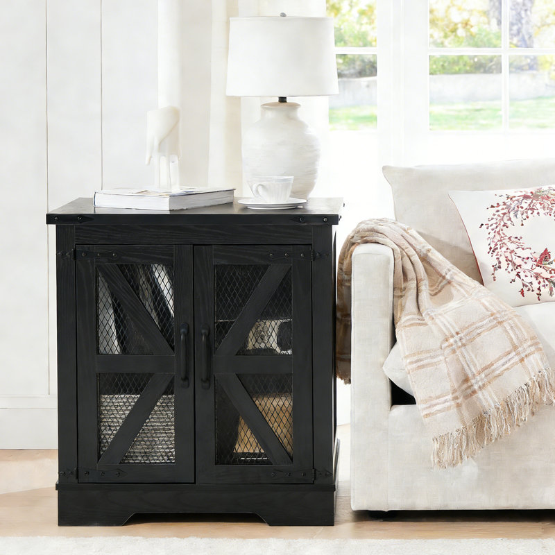Farmhouse End Table with Charging Station - Nightstand with 2 Outlets & 2 USB Ports - Vintage Industrial Side Table, Black