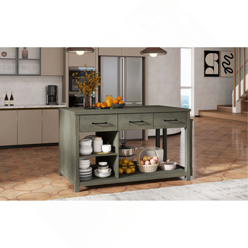 Îlot de cuisine extensible avec rangement, chariot de cuisine multifonctionnel avec prises de courant intégrées, îlot de cuisine rétro sur roulettes avec tiroirs et tablettes ouvertes pour la cuisine