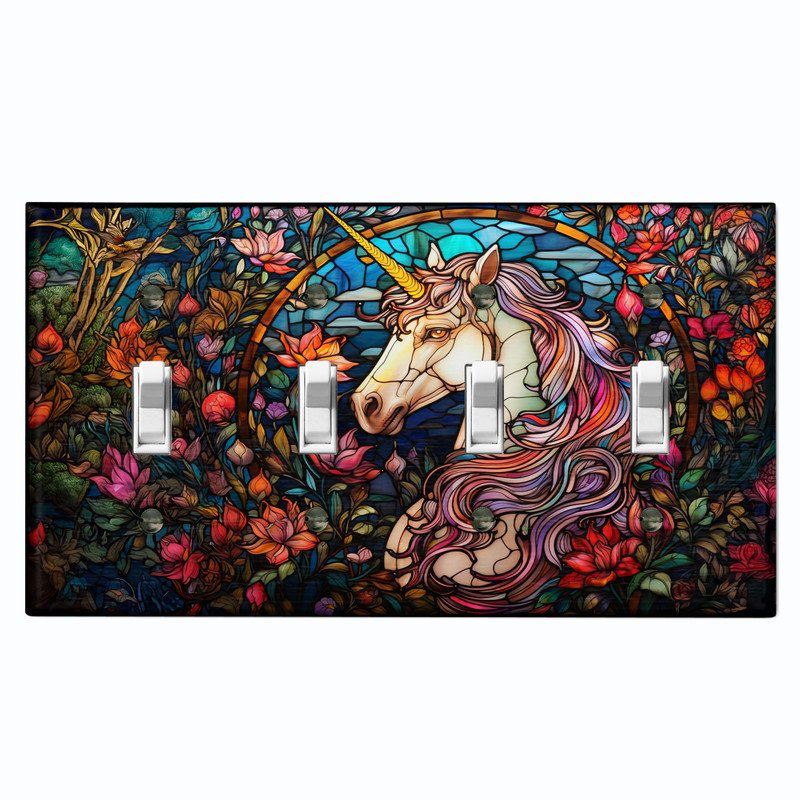 Couvercle de plaque d'interrupteur en métal; Impression de vitrail de licorne standard américain à 4 bandes - Licorne