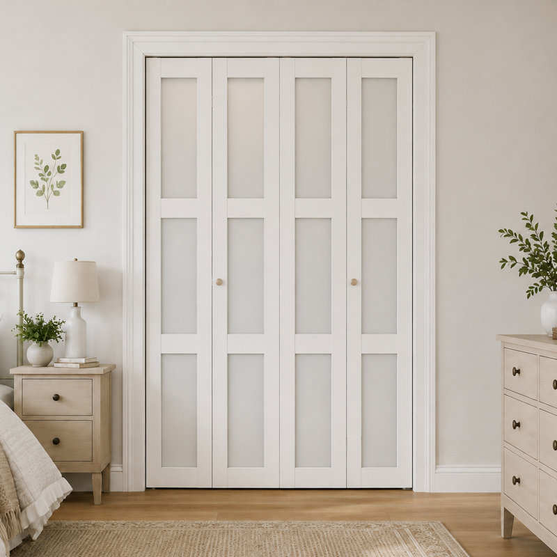 Portes d'armoire doubles pliantes en bois massif et verre dépoli avec quincaillerie d'installation