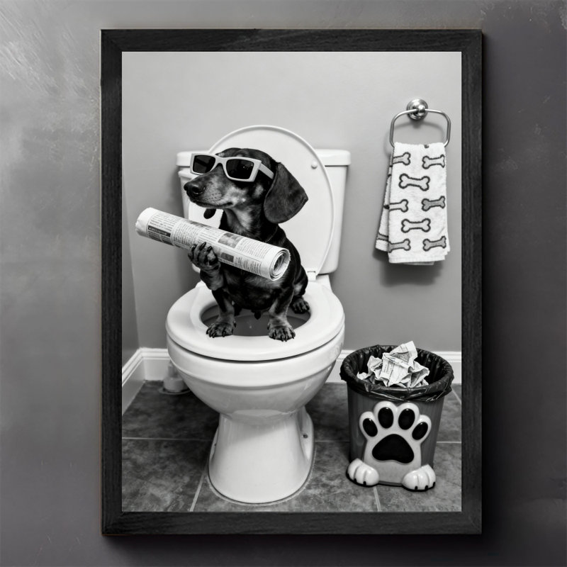 Art encadré noir, un beau chien chevauchant des journaux, impressions encadrées de style rétro, H 17 po x l 13 po