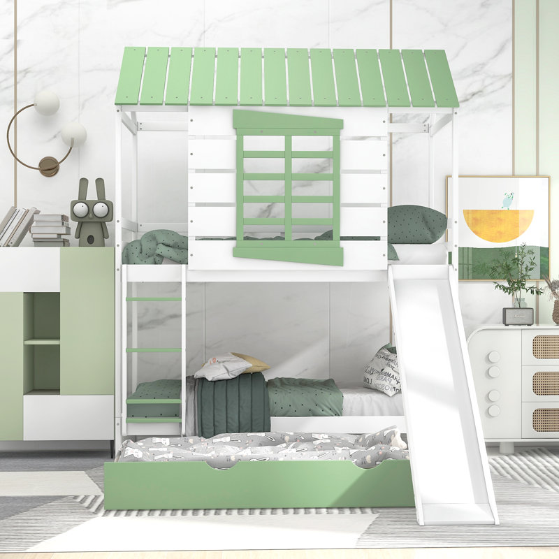 Twin Over Twin Size House Bunk Bed With Convertible Slide And Trundle, White+Green