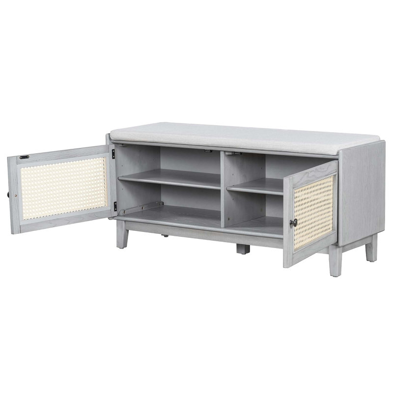 Banc d'entrée en rotin Boho avec rangement, range-chaussures rembourré pour couloirs et salons, gris délavé et beige