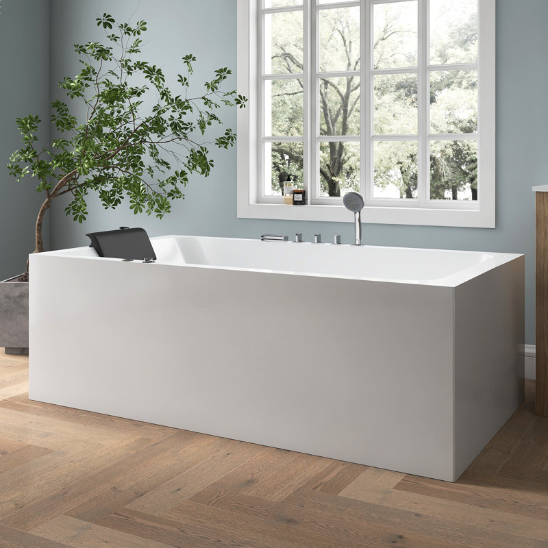 71'' Whirlpool Freestanding Tub Acrylic Soaking Bathtub With Bath Pillow
